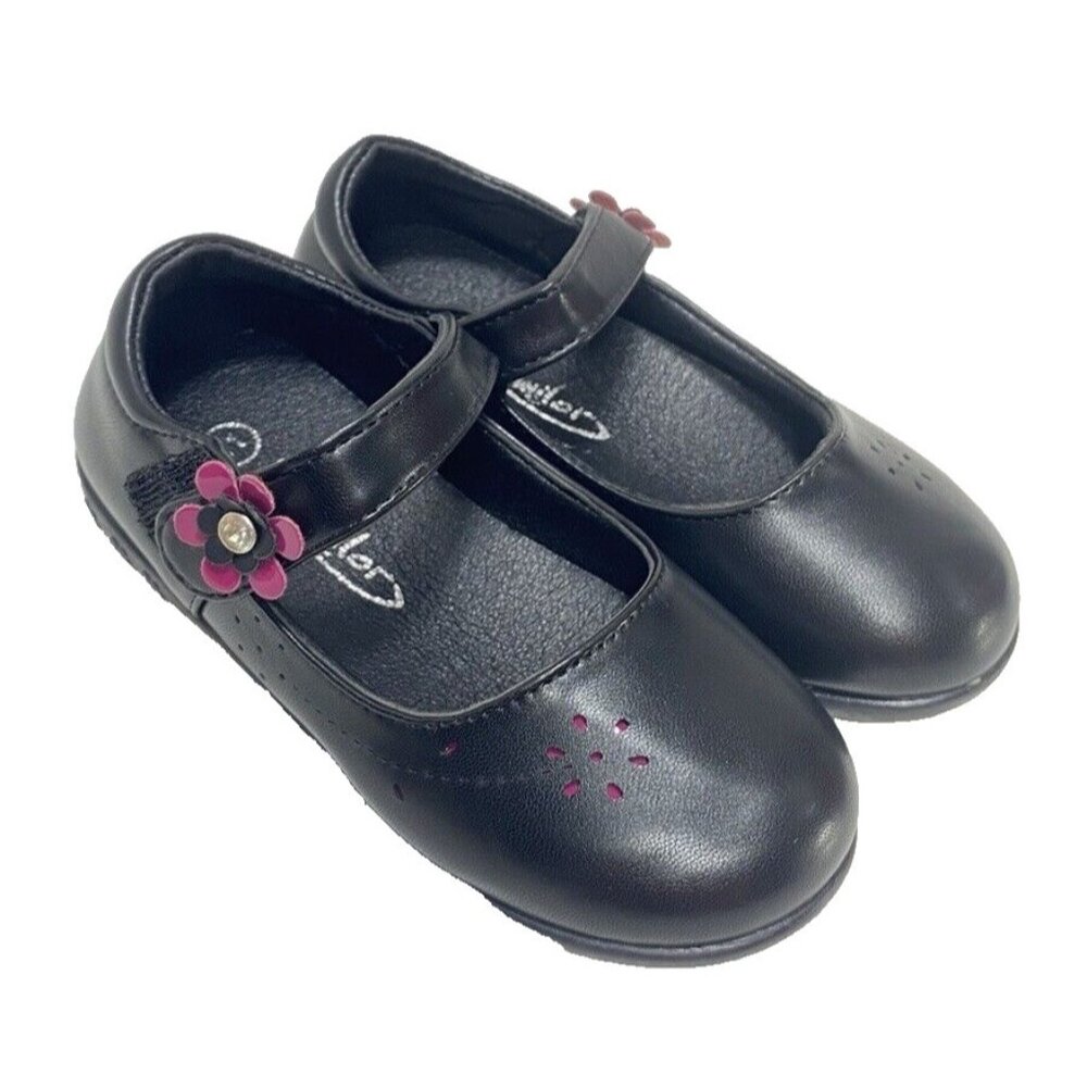 Girls Black Mary Jane Shoes Flower Accent Strap Flats Size 11 New